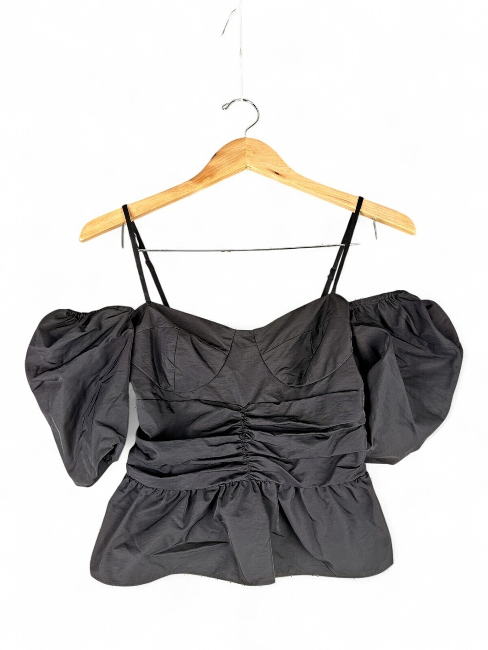 WAYF Puff Sleeve Ruched Peplum Crop Top XS Black
